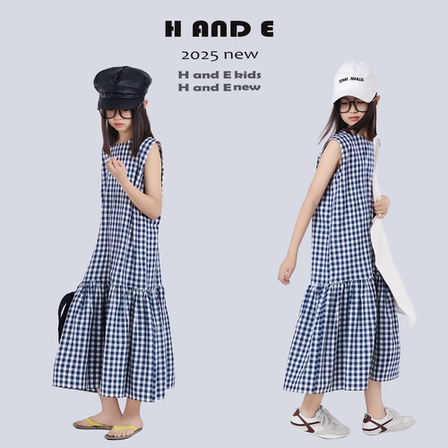H AND E 原创童装2026夏季纯棉无袖背心格子连衣长裙亲子母女装