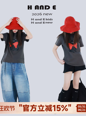 H AND E 原创童装26夏季灰色领结小猫印花T恤青春呆萌可爱亲子装