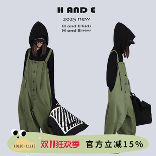 H AND E 原创童装2026早秋森系复古工装军绿色背带连体裤女童亲子