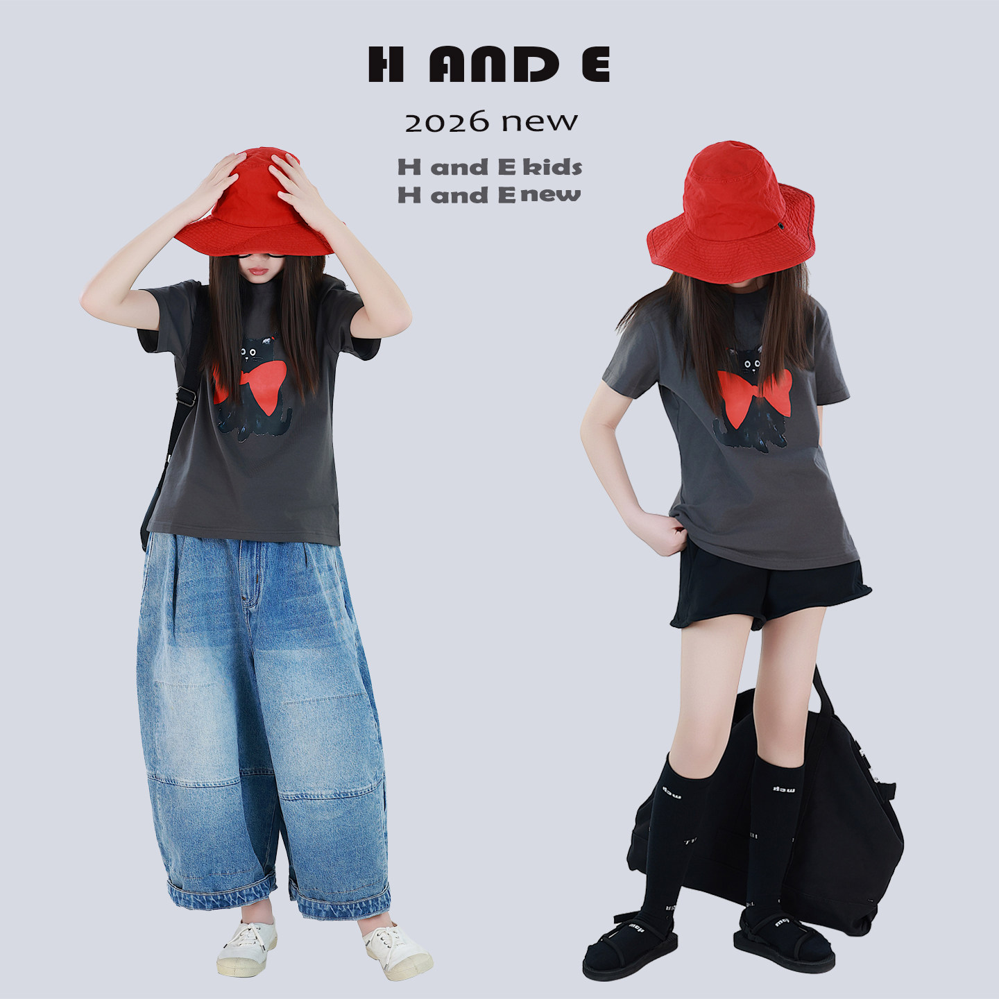H AND E 原创童装26夏季灰色领结小猫印花T恤青春呆萌可爱亲子装