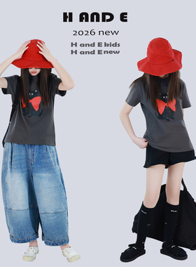 H AND E 原创童装26夏季灰色领结小猫印花T恤青春呆萌可爱亲子装