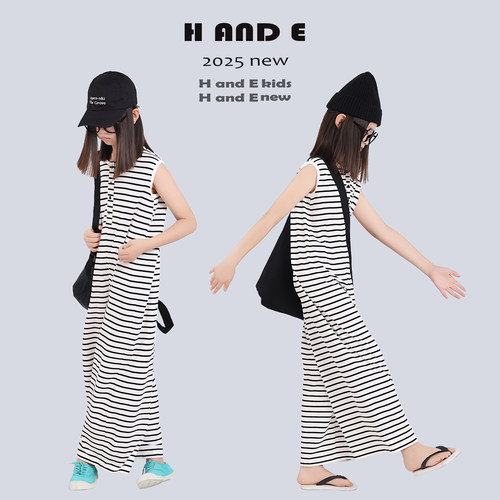 H AND E 原创童装2026夏季透气黑白条纹无袖背心连体裤女童亲子