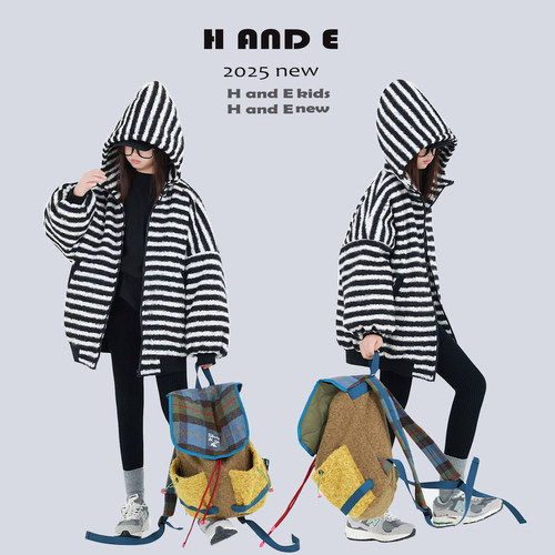 H AND E 原创童装26冬季保暖黑白条纹羊羔毛连帽棉服外套女童亲子