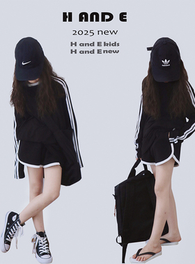 H AND E 黑色运动防晒衫母女亲子装2026夏季条纹休闲女童短裤套装