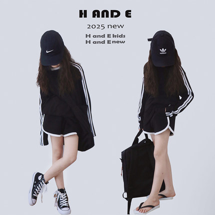 H AND E 黑色运动防晒衫母女亲子装26夏秋季条纹休闲女童短裤套装