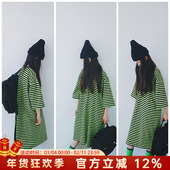 原创设计女童日系绿黑条纹T恤裙宽松百搭中大童长款 连衣裙
