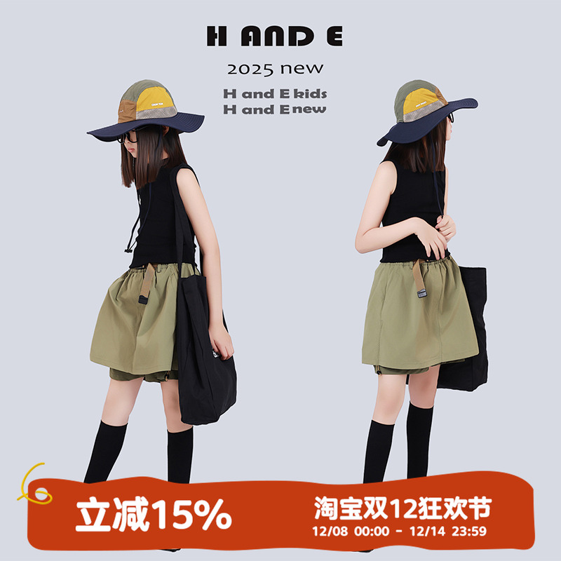 H AND E 原创童装2025夏季山系工装风甜酷军绿色假两件短裙裤女童