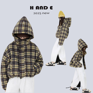 AND 加厚保暖美式 25冬季 黄咖格子连帽棉服女童面包服 原创童装