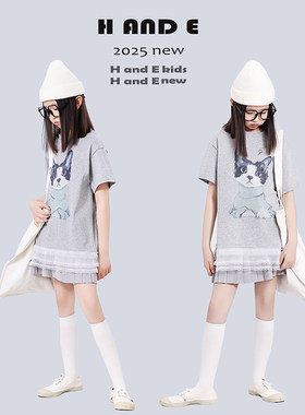 H AND E 原创童装2026夏季灰色猫咪蕾丝边T恤短袖针织百褶裙女童