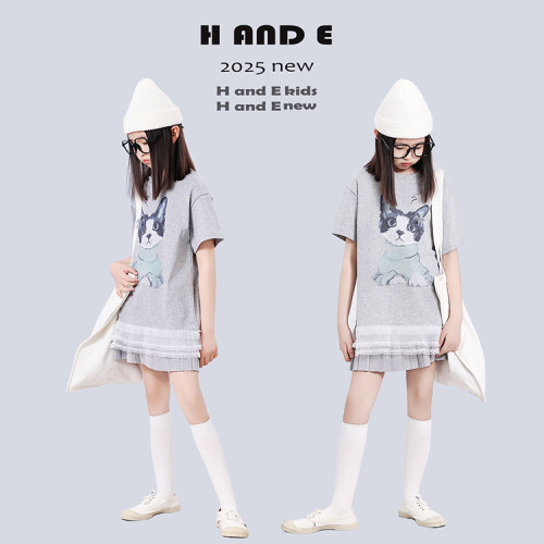 H AND E 原创童装2026夏季灰色猫咪蕾丝边T恤短袖针织百褶裙女童