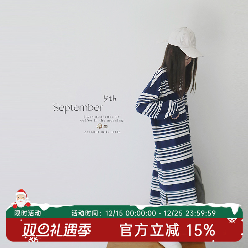 长裙条纹蓝米连衣裙间条休闲