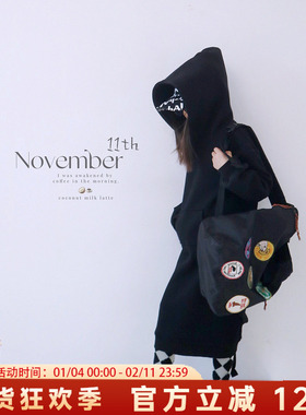 HE秋冬新款女童中长款黑色连帽卫衣裙中大童韩版加绒连帽卫衣裙潮
