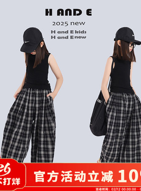 H AND E 原创童装2026夏季黑色休闲阔腿格子裤女童母女亲子装