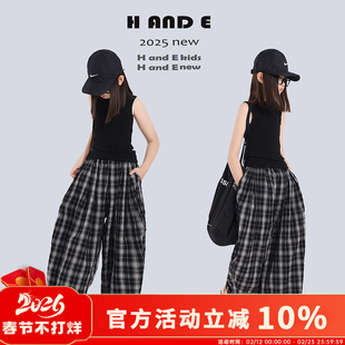 H AND E 原创童装2026夏季黑色休闲阔腿格子裤女童母女亲子装