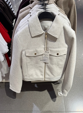 ZARluvip查罗秋季新款白色翻领夹克外套女拉链口袋饰大衣3046265