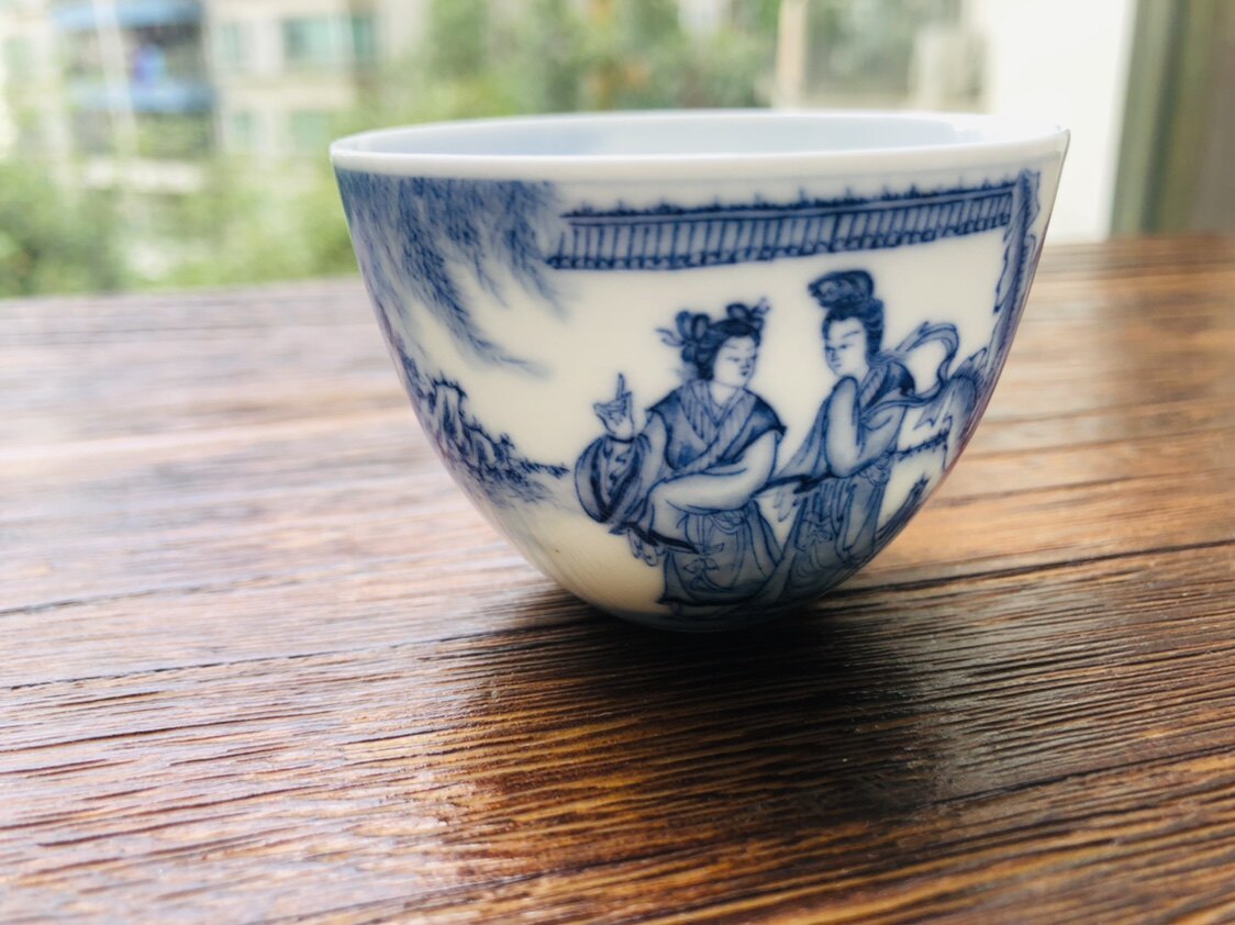 旧款中式具 真和堂芭蕉晓柳玉女图青花铃铛杯品杯手工制作珍包邮
