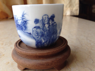 旧款青花名窑 九段珍藏三名士渡江图茶杯全手工珍品早期品包邮实