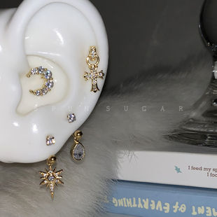 金色八星芒水滴锆石耳骨环U形马蹄环钛钢十字架月亮耳骨钉耳环女