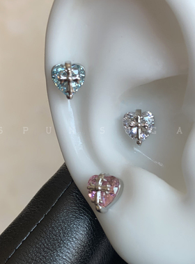 闪闪彩色爱心十字架耳骨钉医用钛钢蓝色耳蜗钉甜酷少女耳钉耳环女