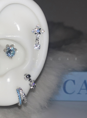 蓝色十字雪花坠耳骨钉钛钢U型十字架耳圈叠带小众双层蓝色耳环女