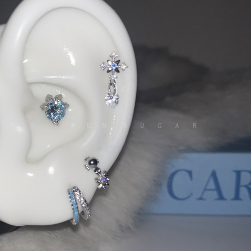 蓝色十字雪花坠耳骨钉钛钢U型十字架耳圈叠带小众双层蓝色耳环女