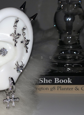 甜酷十字架小蛇恶魔钉钛钢炫彩蜘蛛耳骨钉超闪锆石十字架耳圈耳环