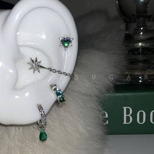 绿光流星耳骨钉钛钢八芒星链条耳蜗钉显白高级感水滴耳圈耳环耳饰