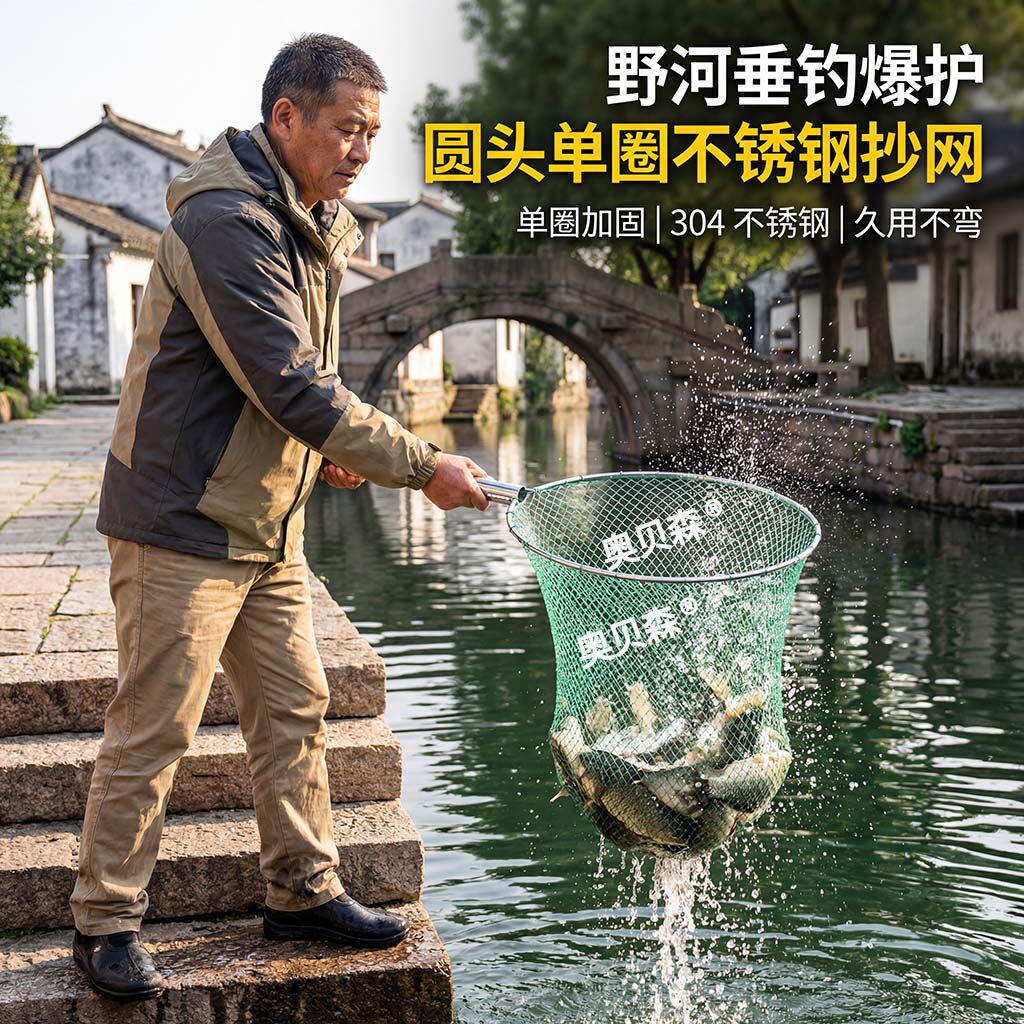 捞鱼抄网实心304不锈钢特大号大口径深兜防挂捕鱼钓鱼抓虾鲫鱼网