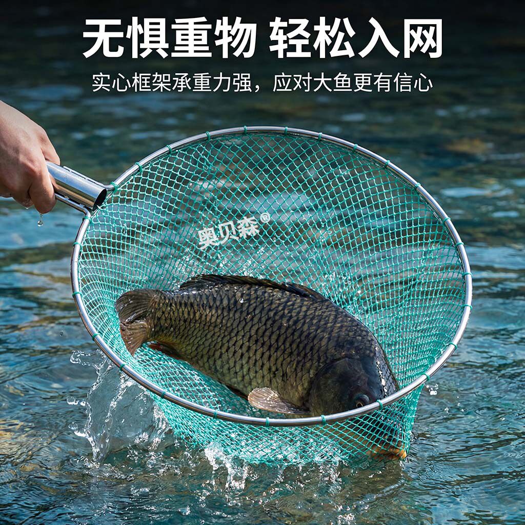 304不锈钢实心抄网头大物专用捞鱼网钓鱼渔网海钓专用小眼网兜子