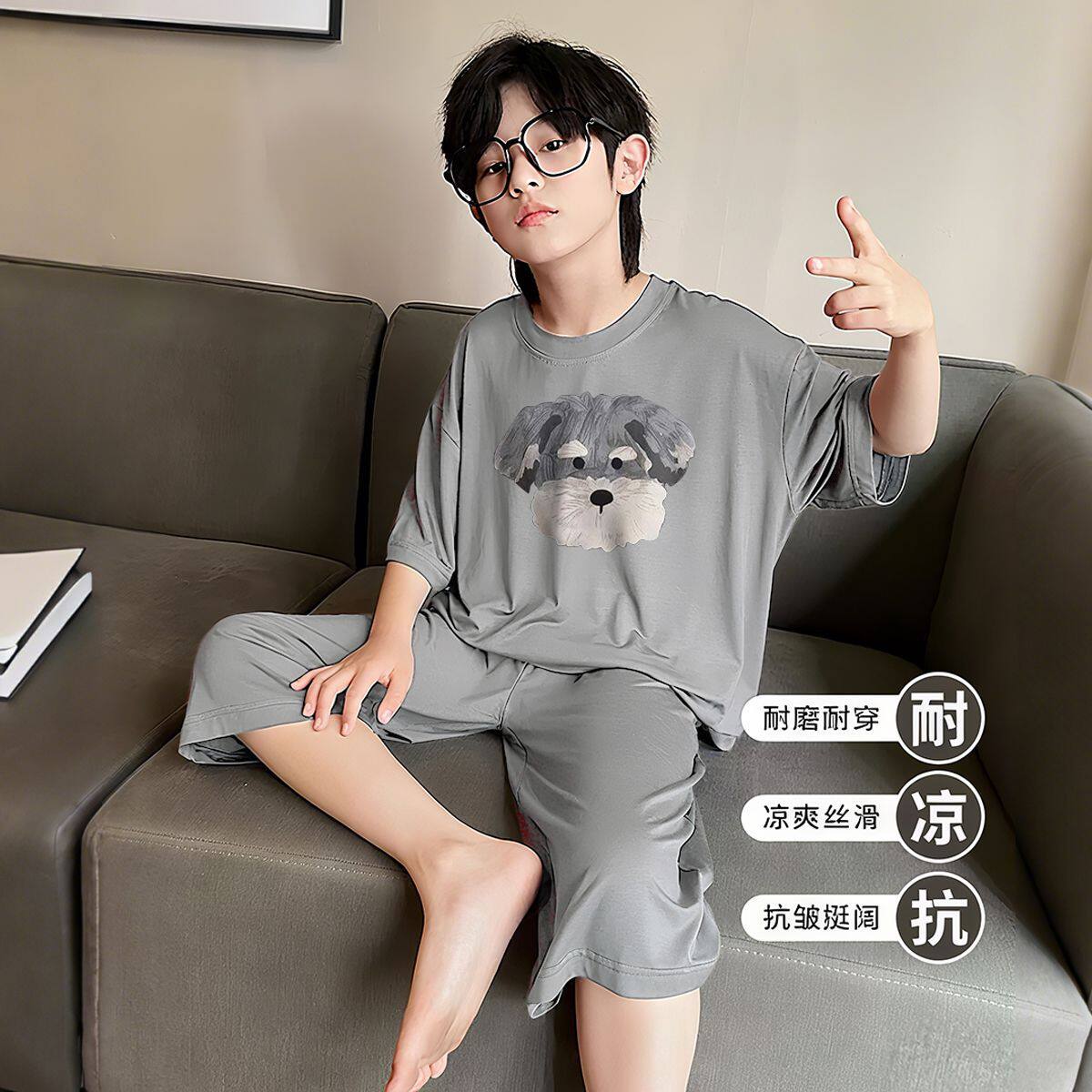 男童夏季睡衣套装七分裤短袖薄款儿童套头家居服男宝宝舒适空调服