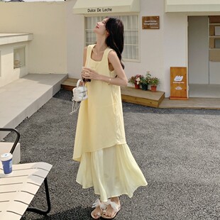 温柔风方领无袖 假两件黄色连衣裙女夏不规则背心裙气质