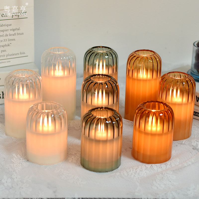 电池遥控LED电子蜡烛灯条纹缩口玻璃仿真摇摆火焰圣诞装饰氛围灯