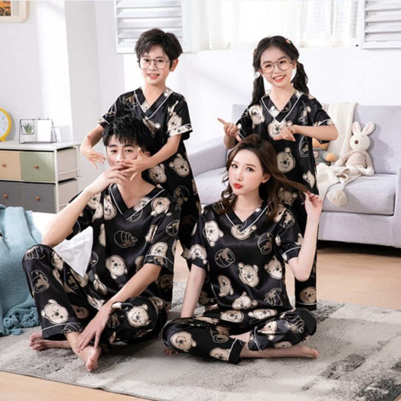 一家三口四口冰丝亲子睡衣