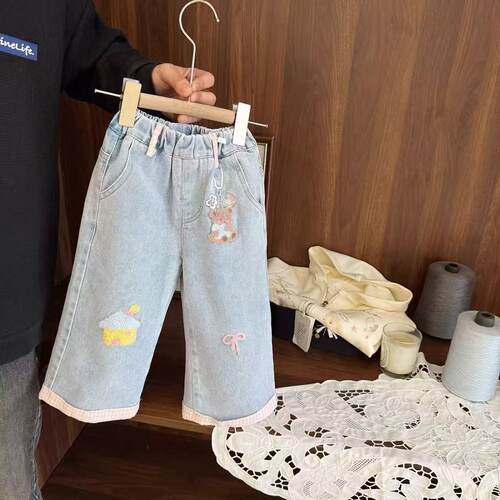 女童春秋植绒贴布直筒牛仔裤韩版