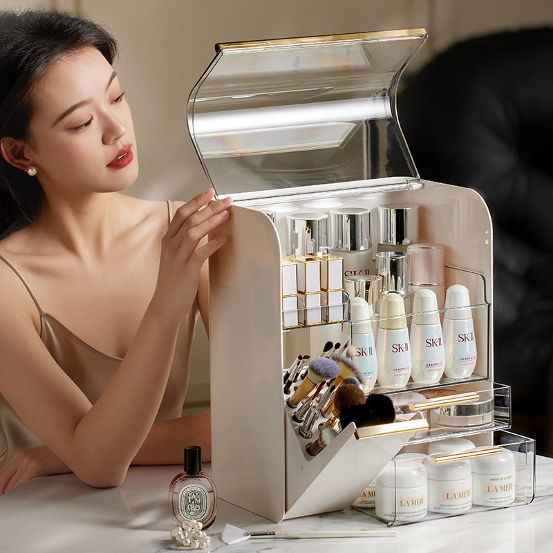轻奢化妆品收纳盒防尘桌面高级感大容量护肤品口红美妆刷置物架柜,收纳整理,桌面收纳盒,淘宝优惠券,粉丝福利购,淘宝优惠卷
