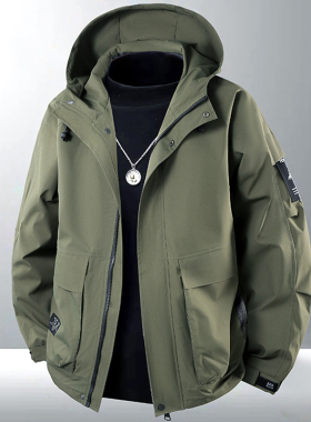 春秋新款连帽夹克男工装风大码上衣宽松休闲防风冲锋衣多口袋外套