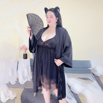 大码性感睡衣秋冬女士睡衣睡裙睡袍两件套吊带冰丝蕾丝性感薄款