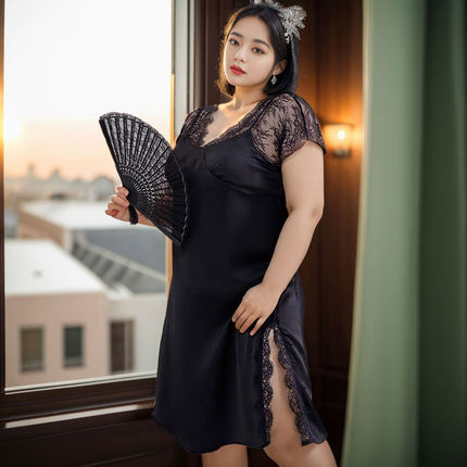 大码性感睡衣女酒红色蕾丝美背吊带睡裙带胸垫质感醋酸两件套睡袍