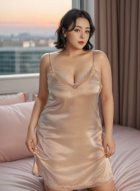 大码性感睡衣女黑色睡裙外袍胖妹妹醋酸火辣两件套深V200斤吊带