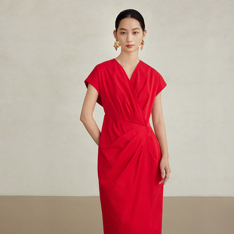 薇作weizuo【初涧欢喜】立裁红色连衣裙修身设计感订婚晚礼服女裙