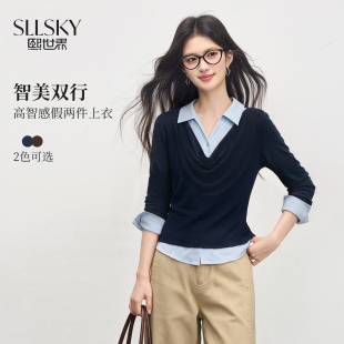 熙世界高智感假两件撞色长袖拼接polo领衬衫上衣女2026秋新款女装