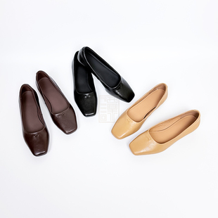 女舒适百搭通勤鞋 复古方头浅口低跟单鞋 2CM法式 真皮 老谭家