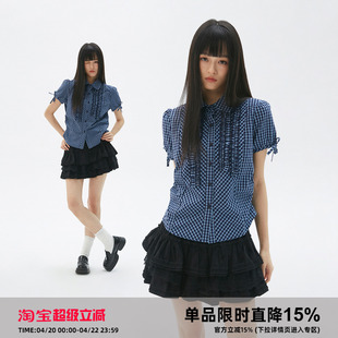 岚室（Clamisgold）南法浪漫*复古花边格纹抽褶皱短袖衬衫上衣女