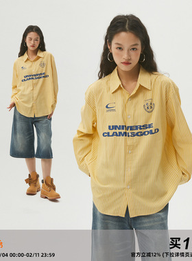 【断码特价】Clamisgold运动复古黄色条纹长袖衬衫印花宽松上衣潮