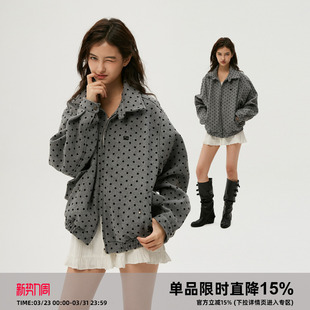 小众复古韩系哈灵顿宽松外套夹克女 植绒波点 Clamisgold 岚室