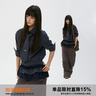 岚室（Clamisgold）*三件套*领带格子长袖衬衫假两件花边裙摆上衣