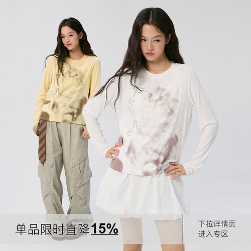 岚室猫咪印花长袖T恤女宽松