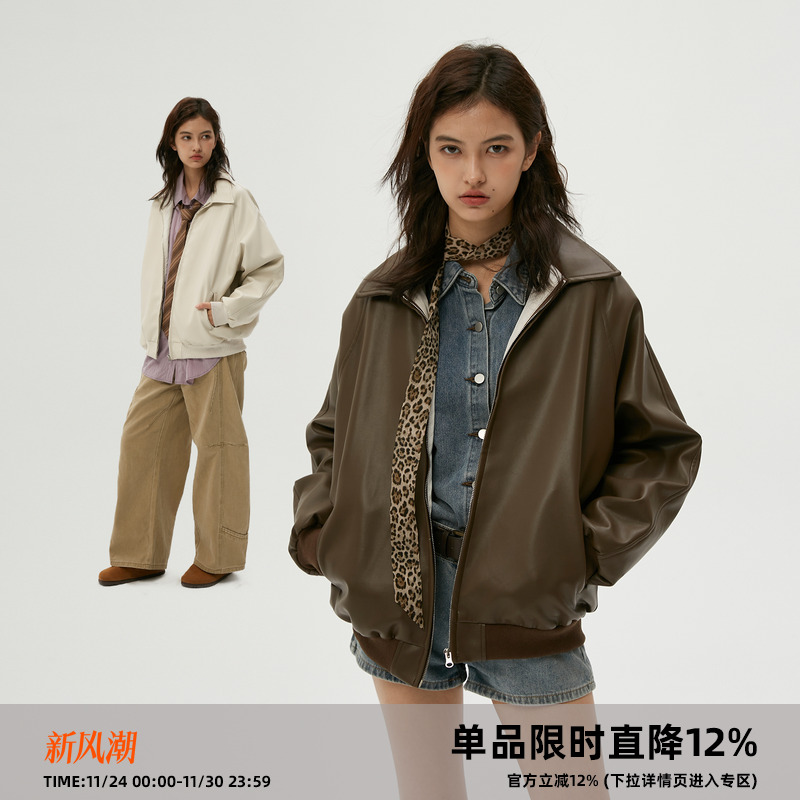 CASD（Clamisgold）「文艺复兴书信」翻领皮衣宽松外套棒球服男女