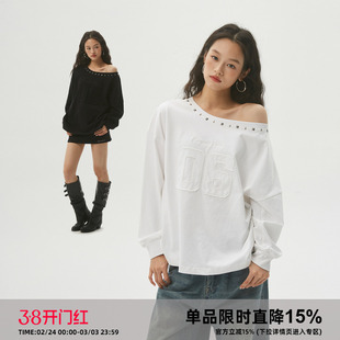 岚室（Clamisgold）贴布绣铆钉斜肩薄卫衣女一字肩长袖上衣打底衫