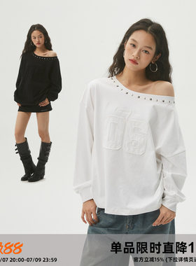*岚室*贴布绣铆钉一字肩卫衣女